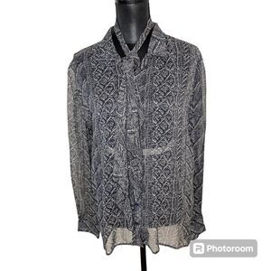 Vintage Valentino Top Miss V Print Silk Button Down Vtg Sheer Blue Beige XS